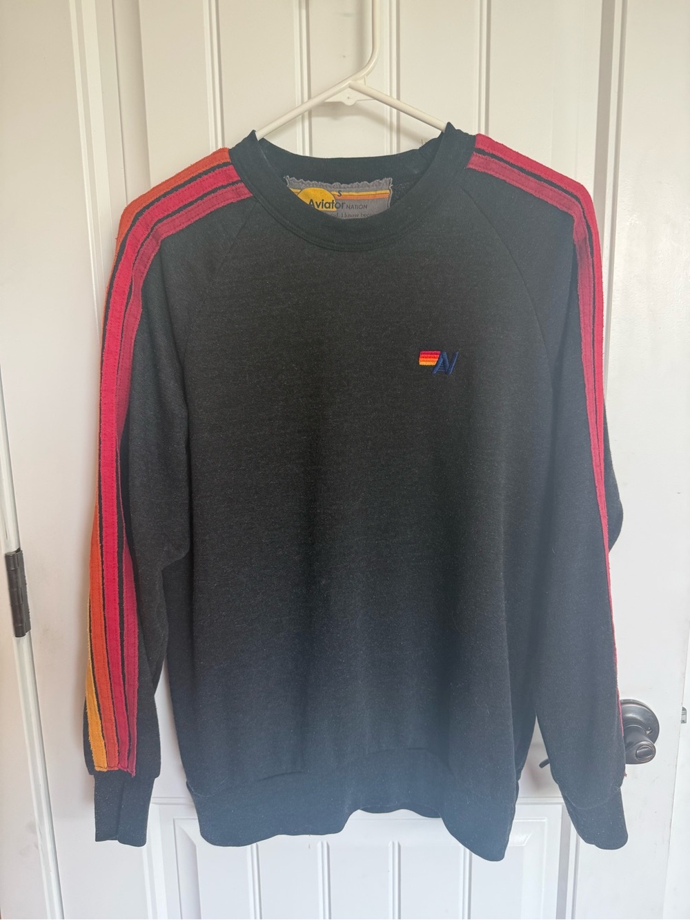 Aviator Nation Black Crewneck Sweatshirt with 4 Stripes on Sleeves